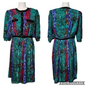 Vintage 70s Secretary Greek Style Dress Multicolor Abstract Belted Pleated Sz 5